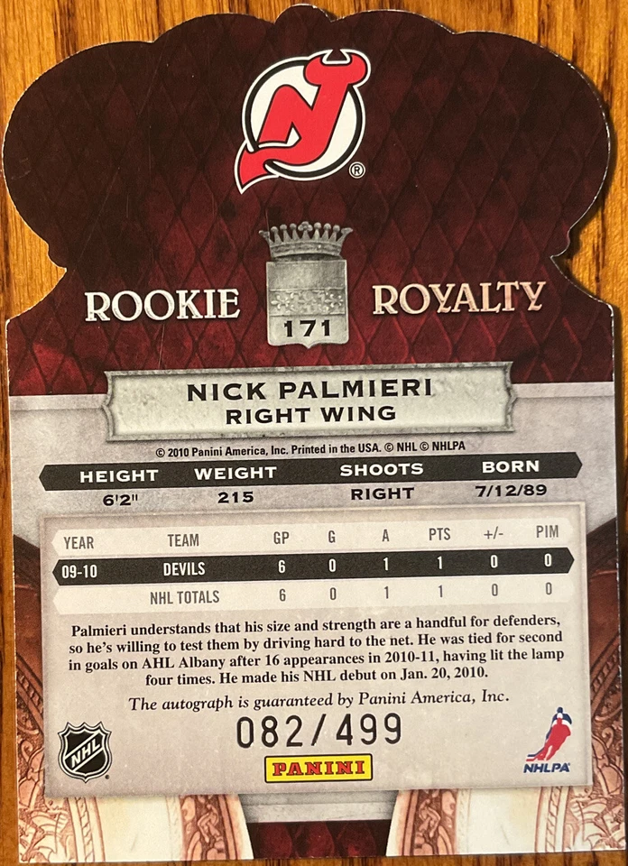 2010-11 Crown Royale Rookie Autograph Nick Palmieri #171 #’d 082/499 - Image 2 of 2
