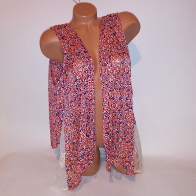 LYS Blouse Cardigan Open Front Red Purple Floral Chiffon Sheer Lace Trim New