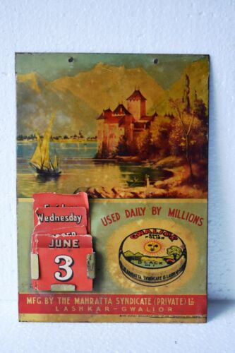 Vintage Gwalior Boot Polish Publicité Étain Signe Calendar Représentant Paysage - Afbeelding 1 van 5