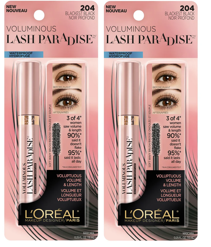 Loreal Voluminous Lash Paradise Waterproof Mascara, #204 Blackest Black (2 Pack)