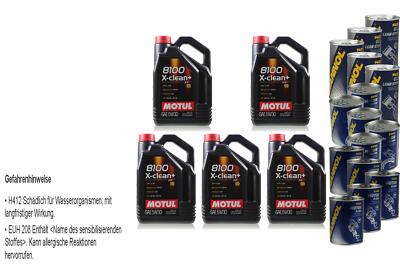 25L Motoröl Motul 8100 X-clean+ 5W30 5xLeak-Stop+Motor Doctor+Motor Flush