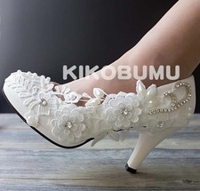 Ivory White Wedding shoes Lace Ladies Prom Bridal Bridesmaid Flat High Low Heels