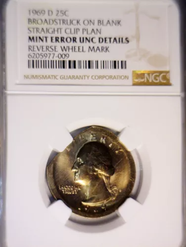 1969d ERROR Clip + HUGE Broadstruck NGC Unc Washington Quarter Coin NICE RARE DT