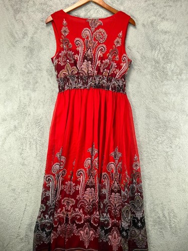 VTG Signature JMP Womens Large Maxi Dress Red Paisley Chiffon Boho V Sleeveless - Picture 8 of 13