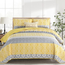 Boho Quilt Set King Size, 3 Pieces Yellow Grey Boho Striped Bedspread Coverlet S