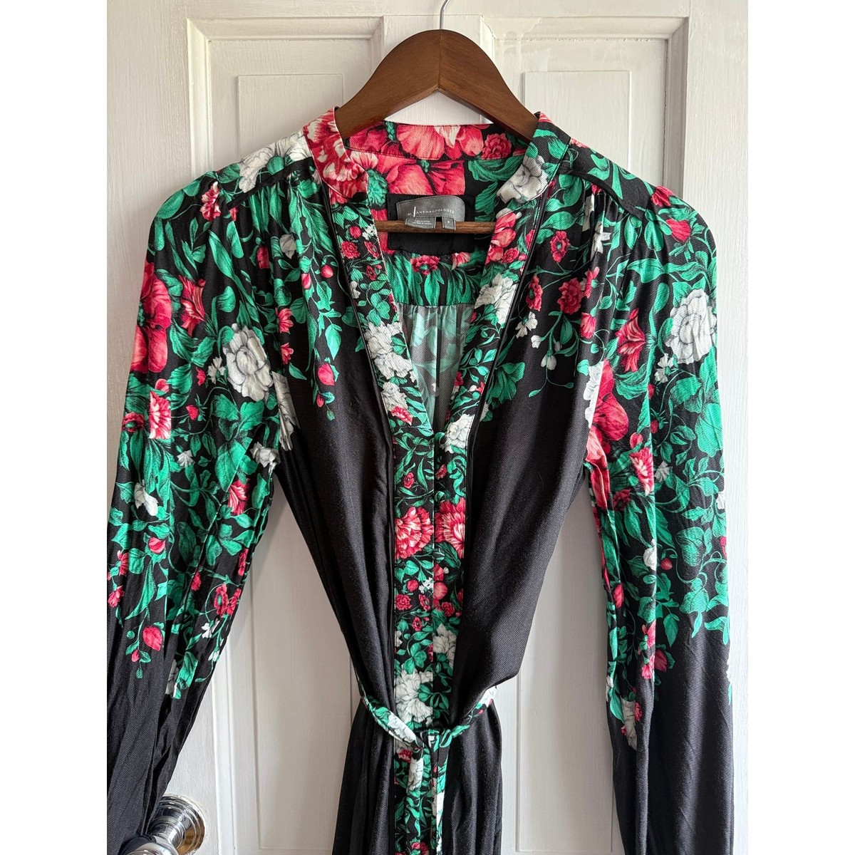 Anthropologie Black Floral Long Sleeve Dress - Green/Pink Leaf