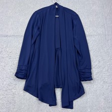 Susan Graver Liquid Knit Open Cardigan Womens Medium Blue Ruched Cuffs Flowy Top