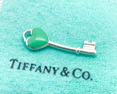 Tiffany & Co. Blue Enamel Heart Key Pendant Charm Sterling Silver 1'' (BENT)
