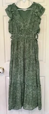 Indigo Rose Size L Green Layered Maxi Dress Plants Floral Boho Peasant Ruffle 