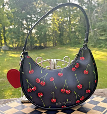 Betsey Johnson Black Cherry Crescent Shoulder Bag w/Heart Accents Charm NWT