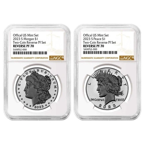 2pc Set - 2023-S $1 Reverse Proof Morgan and Peace Silver Dollar NGC PF70 Brown