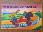 LINEN COMIC POSTCARD OF 2 MEN ON A HAND CAR, "WE'RE TRAVELING...", 1940'S — photo 1