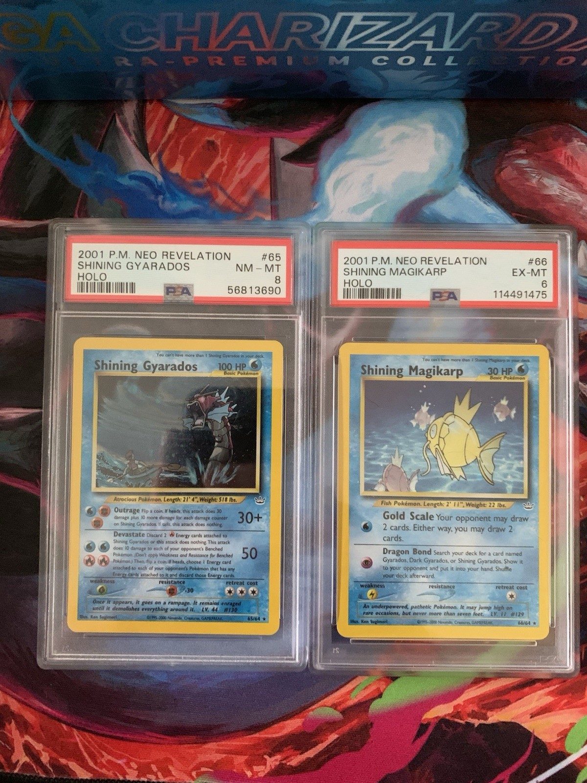 Pokemon 2001 Neo Revelation Shining Gyarados Holo Card PSA 8  with Magikarp psa6