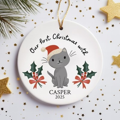 Gray Cat First Christmas with New Kitten Ornament Personalized Name with Hand...