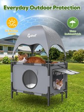 Outdoor Cat House Elevated 2 Tier Shelter with Canopy Mesh