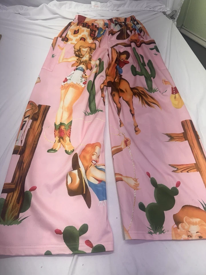 Mujer Pequeño Pijama Rosa Vaquera Vaquero Estampado Occidental Cintura Elástica Ropa de Salón Foto 2 de 4