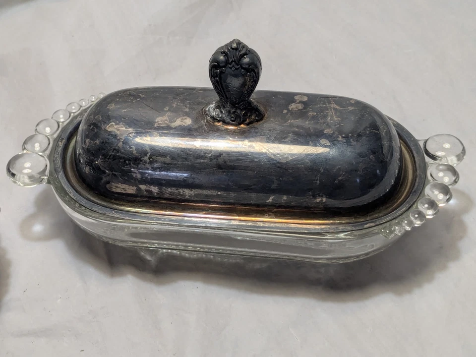 Antiguo plato de mantequilla cubierto vintage plateado WM A Rogers Art Deco Foto 2 de 4