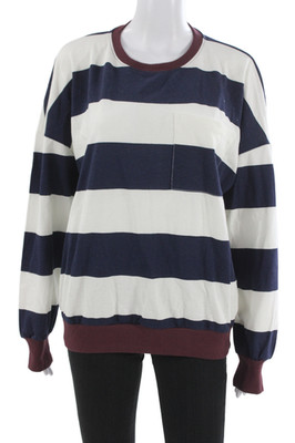 Stateside Unisex Pullover Sweatshirt Dark Blue Striped Crew Neck Cotton Size XS
