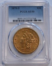 1870 S $20 Liberty Gold Double Eagle AU50 PCGS graded - free shipping!!!!