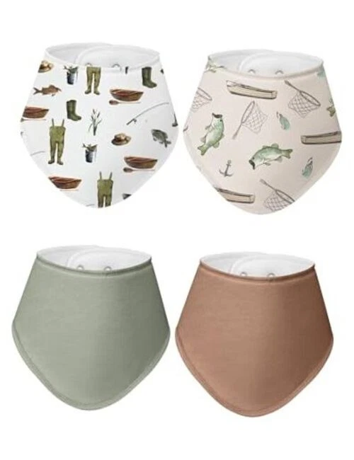 4 Pcs Baby Bandana Bib Cute Baby Nursery Decor Cotton Green and Brown Fishing