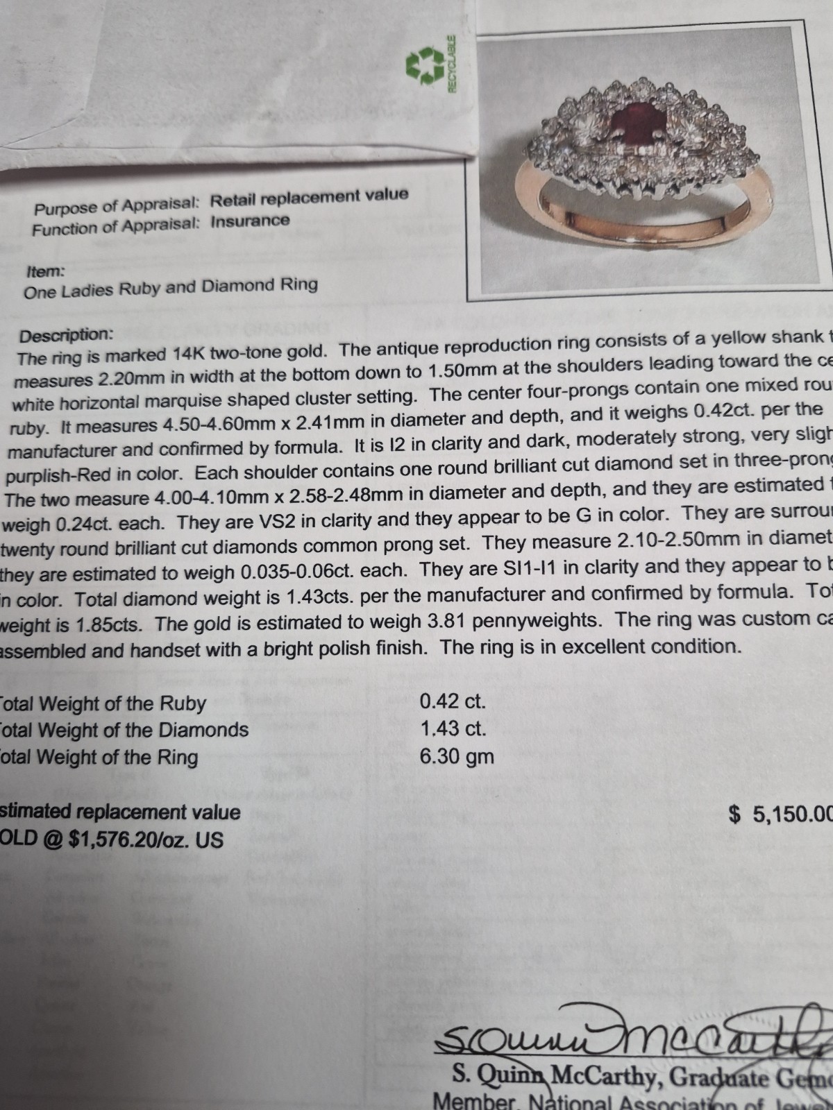 Diamond & Ruby princess ring with appraisal - image 1