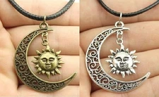 CRESCENT 1-1/2" MOON with 5/8" SUN Dangle Pendant 16" Cord Necklace (#38-39)