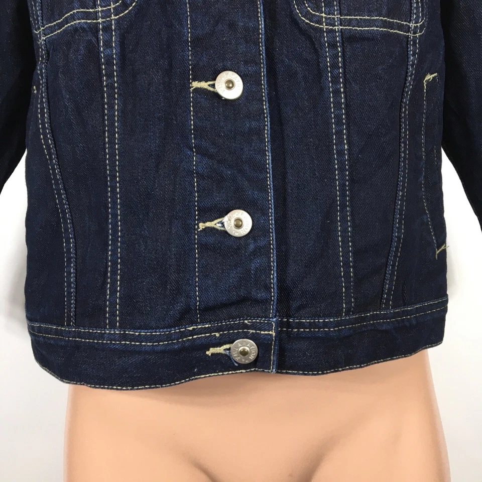 JAQUETA JEANS VINTAGE XHILATION LAVAGEM ESCURA CROPPED MANGA 3/4 DENIM azul ~ feminina tamanho M - Imagem 4 de 4