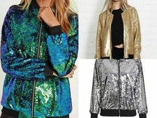 Women Sequin Glitter Clubbing Party Zip Up Bomber Jacket Festival Biker Coat Top
