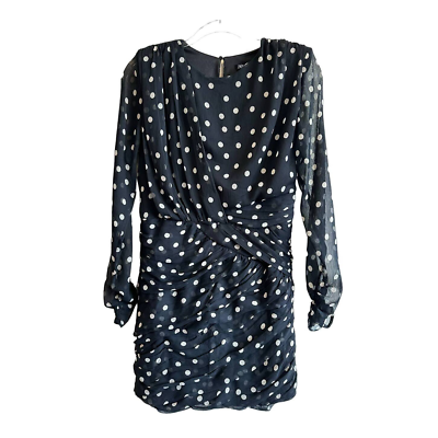 ZARA Draped Polka Dot Dress Long Sleeve Shirred Black White Size Large |  eBay