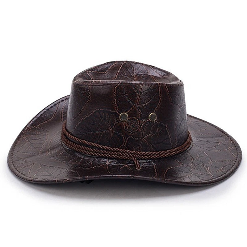 Chapéu de cowboy masculino de couro sintético, marrom com alça, corda - aba larga ocidental - Imagem 2 de 4