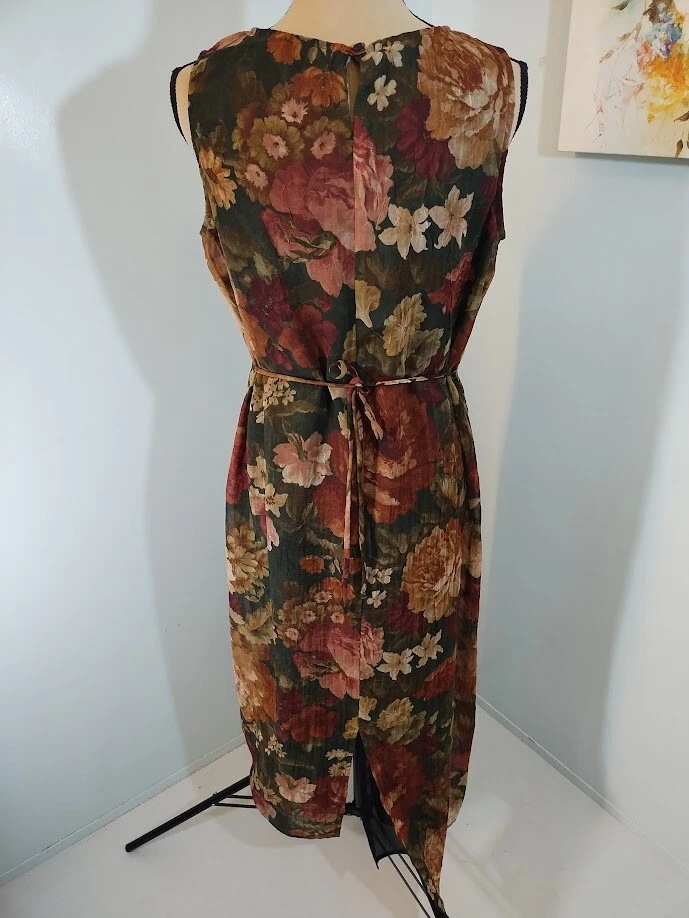 VETEMENTS Abito Dawn Joy Fashions taglia 10 floreale senza maniche foderato vita lunga cravatta trasparente