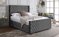 OTTOMAN STORAGE CHESTERFIELD PLUSH VELVET BED FRAME- WINGED HEADBOARD