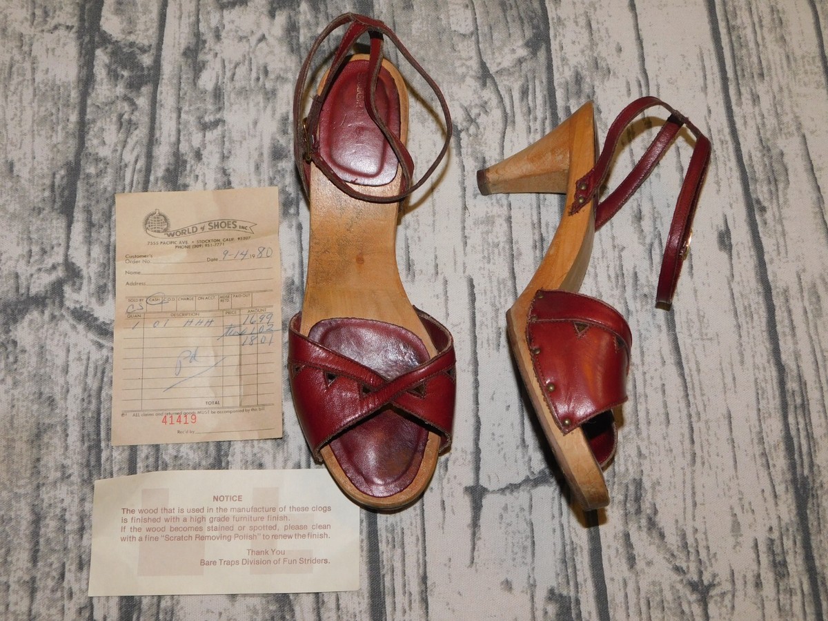VTG 70's BARETRAPS STRAPY WOOD LEATHER HEEL SANDALS ANKLE STRAP HIPPY  BOHO
