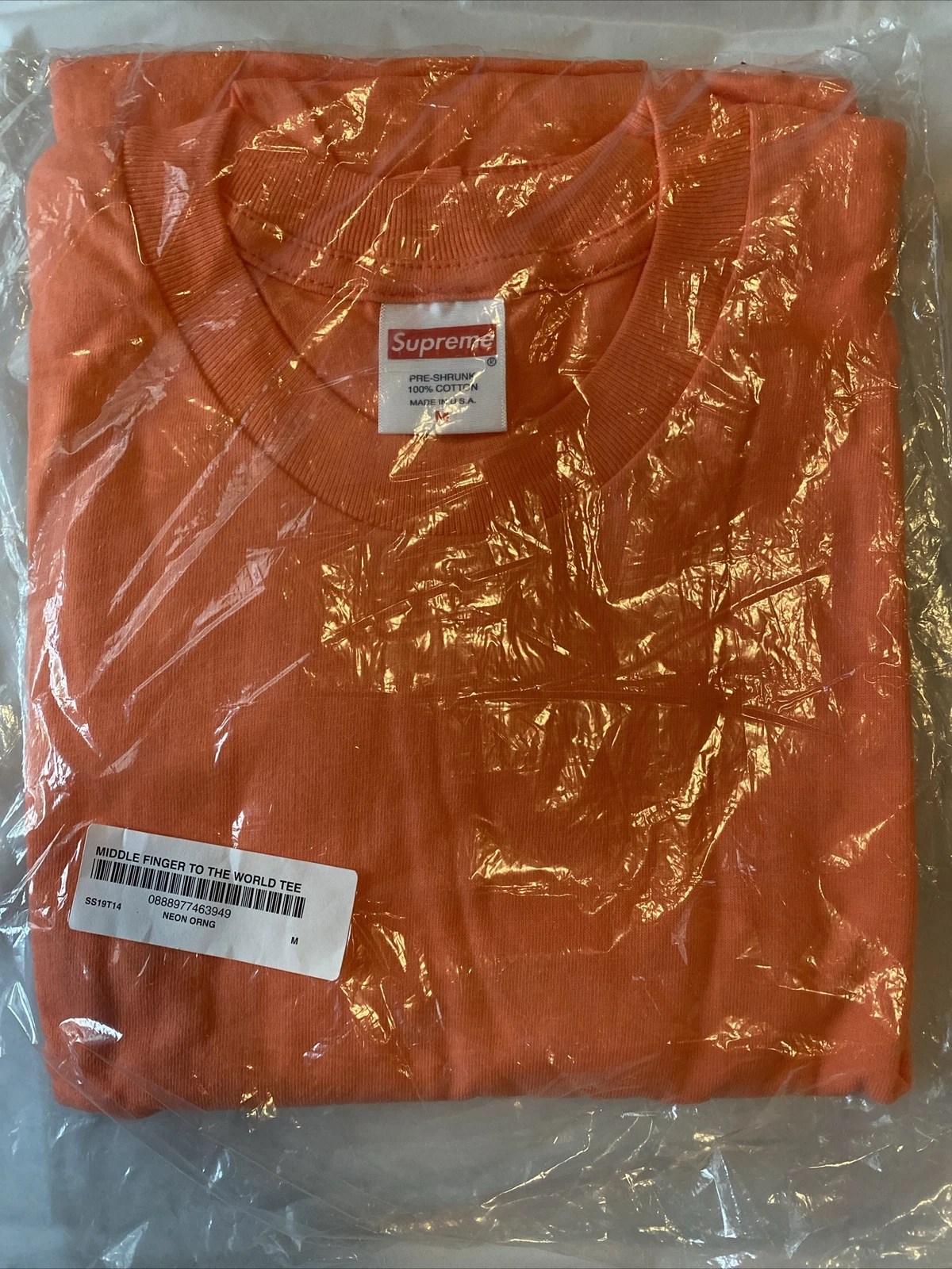 NEUF T Shirt Supreme SS19 MIDDLE FINGER TO THE WORLD   ORANGE NÉON   Medium