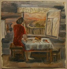 Ukrainian Soviet oil painting postimpressionism old interior girl  