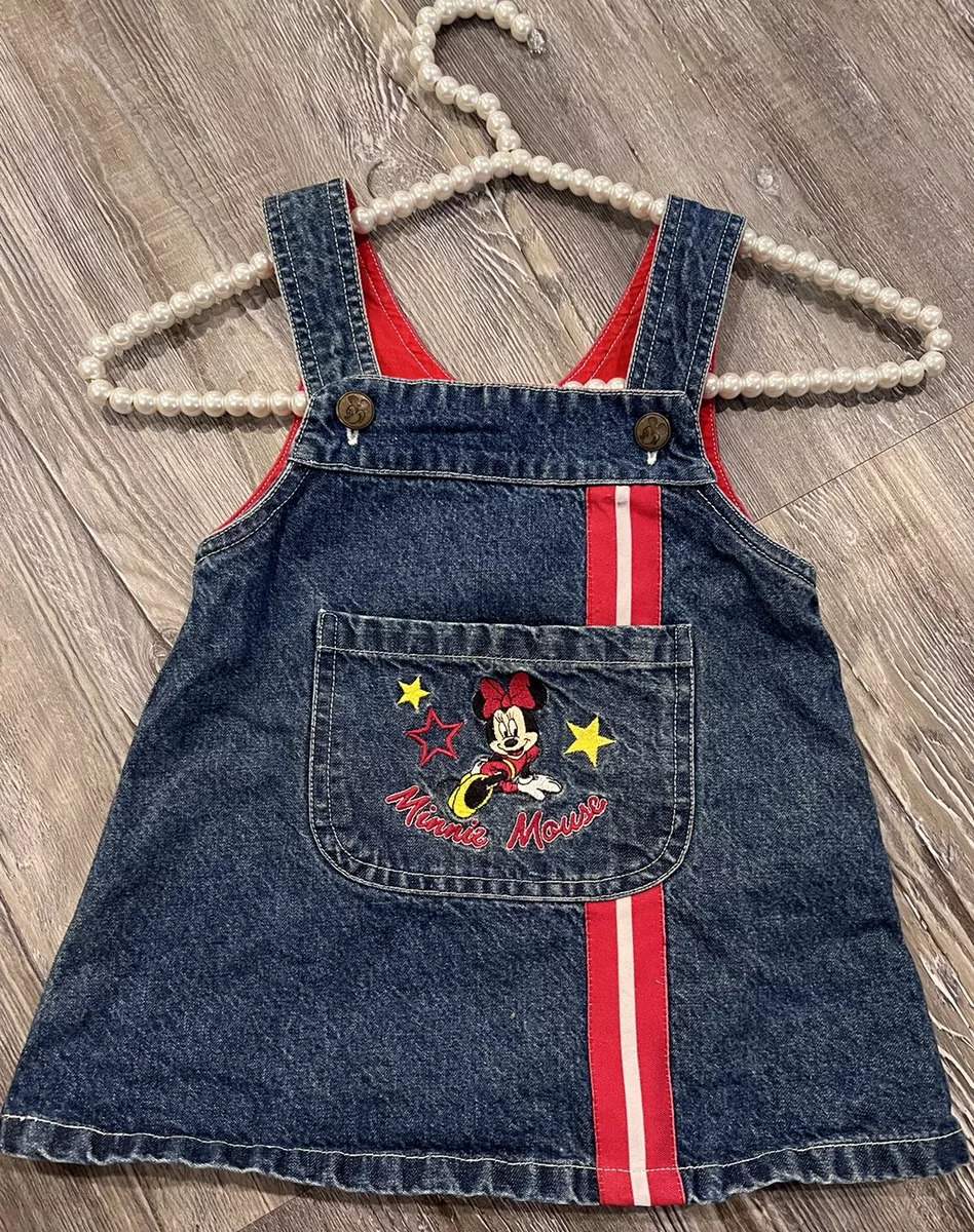 VTG 90’s Mickey Disney Baby Girl Blue Denim Minnie Mouse Pocket Overall Dress 2Y