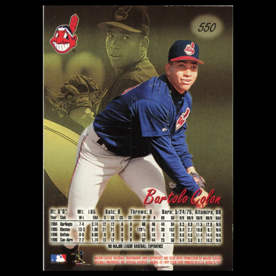 Bartolo Colon Rookie #550 1997 Fleer Ultra Cleveland Indians Baseball Card MLB - Image 2 of 3