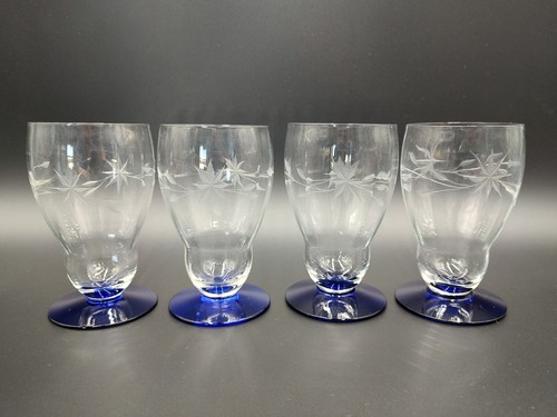 Weston WGL45 Etched Design Cobalt Blue Footed Tumbler Water Glass Lot 4 Vintage - Picture 1 of 9