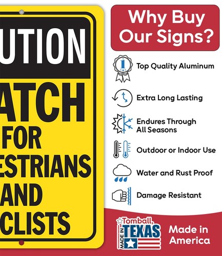 Caution Watch for Pedestrians Metal Sign Crosswalk Bicycle Lane Road Safety - Picture 2 of 9