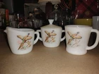 Fire King Game Bird Creamer Sugar Bowl & Mug Set Vintage Milk Glass USA