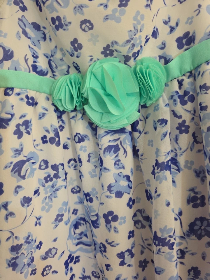 Vestido de algodón floral azul y blanco Wonder Kids niñas talla 5T con ribete colorido Foto 2 de 4