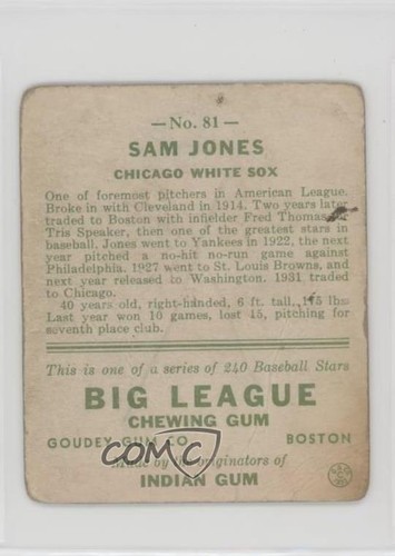 1933 Goudey Big League Chewing Gum R319 Sam Jones #81 Rookie RC - Picture 2 of 3