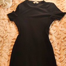 Black Ribbed Knit Stretch Bodycon Midi Dress, Round Neck, Short Sleeve, S
