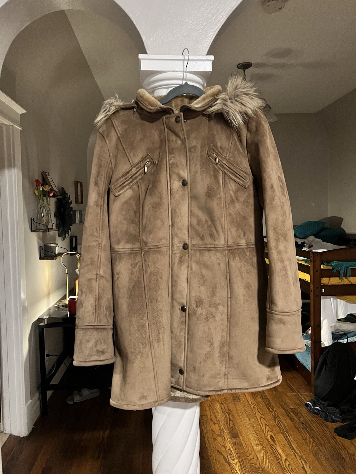 Braeton Faux Suede Coat with Faux Fur Trim On Detachable Hood Size L