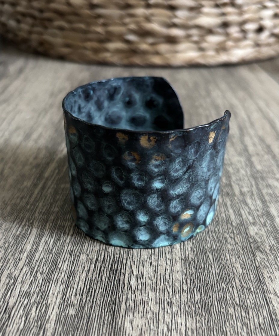 Solid Copper Patina Cuff Bracelet With Dimpled Te… - image 1