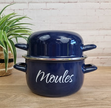 Enamel Moules/Mussels Blue Enamelled Steel Cooking Pot with Lid French 20cm Dia