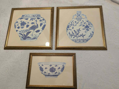 3 Gold Framed Blue and White Ginger Jar Prints From Exposures
