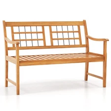 Outdoor Acacia Wood Bench 2-Person Patio Bench w/ Slatted Seat & Backrest