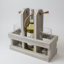 Rustic Wooden Wine Caddy - Handmade Wine Bottle Glass Carrier with Rope