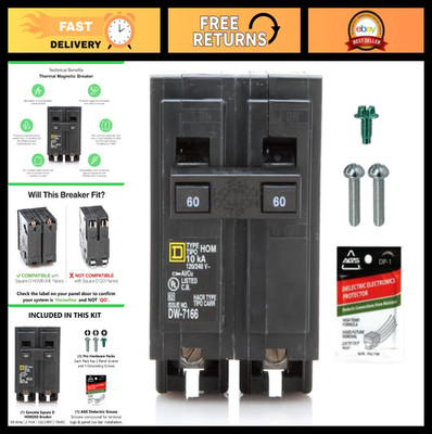 60 Amp Double Pole Circuit Breaker Kit, 120/240V, UL Listed, Plug-On for Load Ce